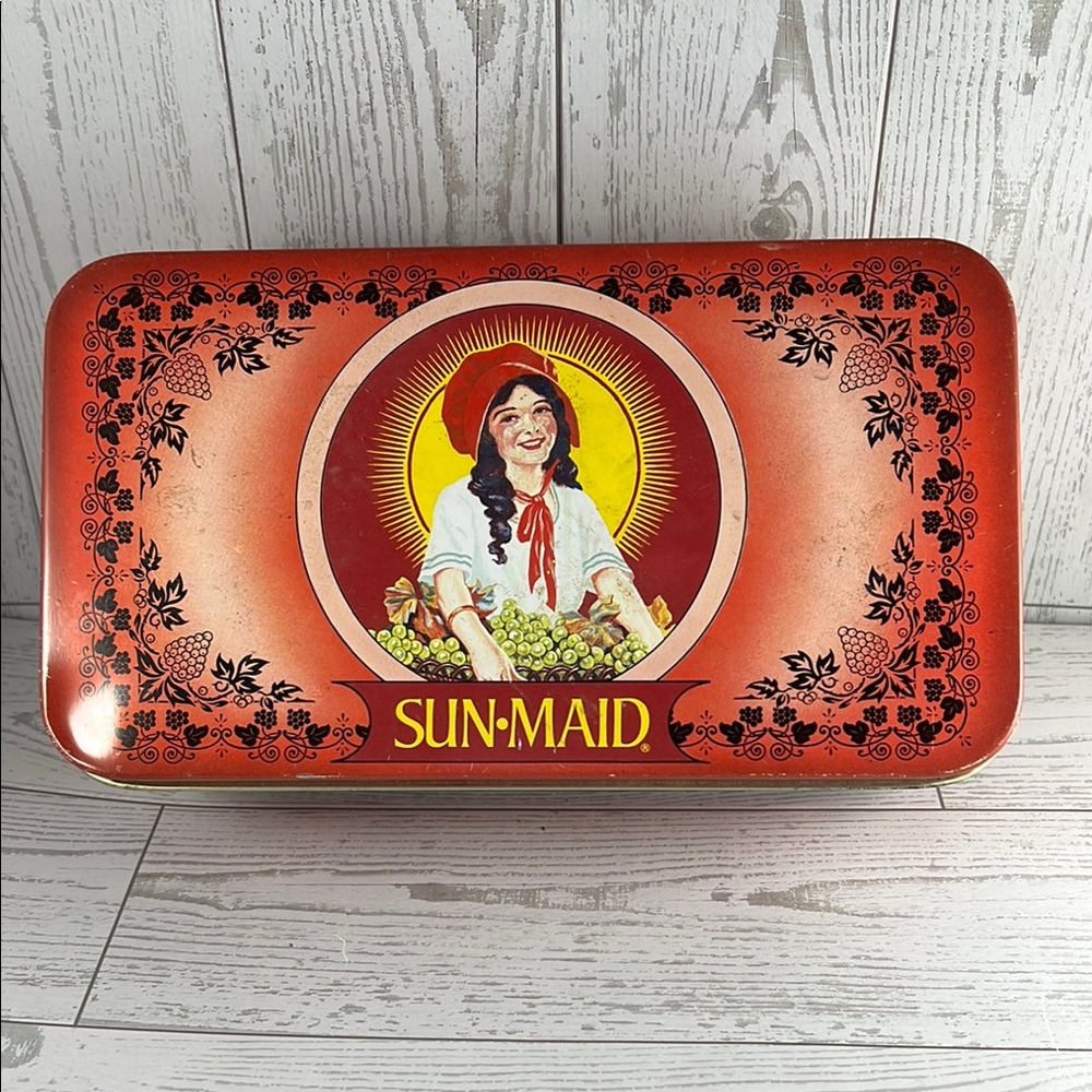 Vintage 1990 Red Sun-Maid Raisins Metal Advertising Tin Girl in Bonnet